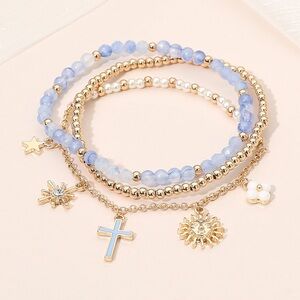 3PCS Cross Flower Star Sunburst Pearl Metal Ball Beaded Stretch Multi Bracelets
